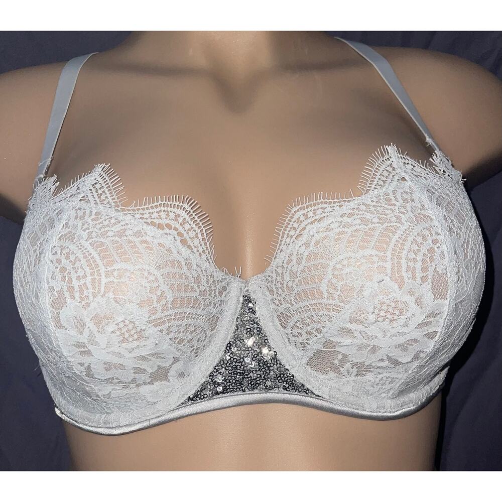 34DDD SILVER SEQUINS & GRAY LACE VICTORIA'S SECRET UNLINED BALCONETTE BRA